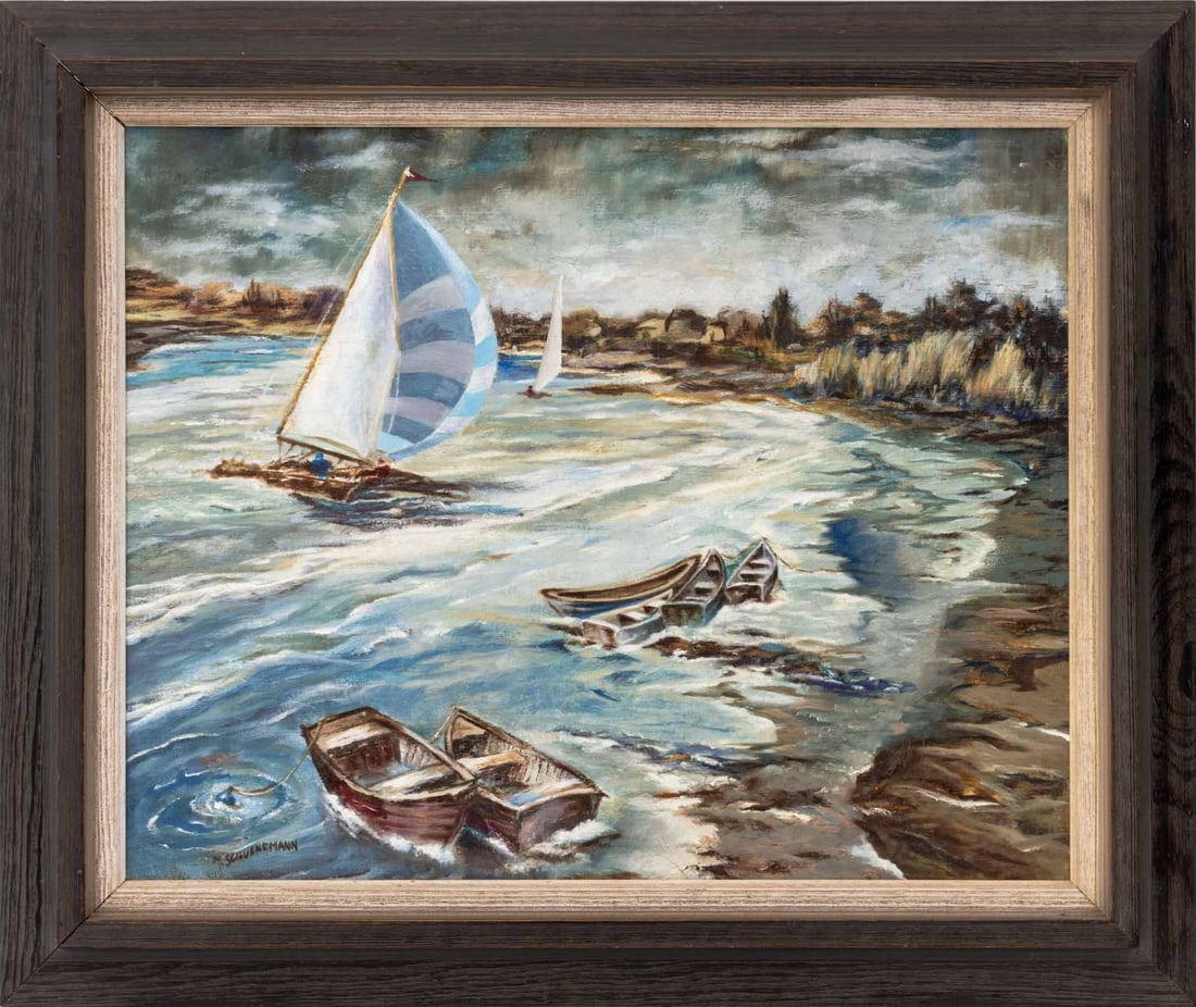 Mary B. Schuenmann Sailboats on the Shore Oil: Mary B. Schuenmann (American, 1898-1992), Sailboats on the Shore, Oil on Canvas, signed lower left, gray wood frame. Image: 15.5" H x 19.5" W; frame: 21" H x 25" W x 1.25" D. Provenance: From an East