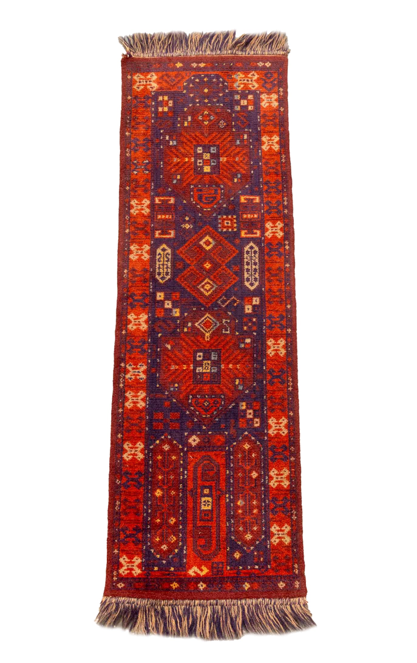 Persian Hamadan Runner, 4' 9" x 1' 3": Persian Hamadan Runner, with geometric design on a red ground. 4' 9" L x 1' 3.5" W. Provenance: From a Connecticut Estate. Keywords: Rugs, Carpets, Area rug, Hallway rug, Textiles, Floor covering, Int