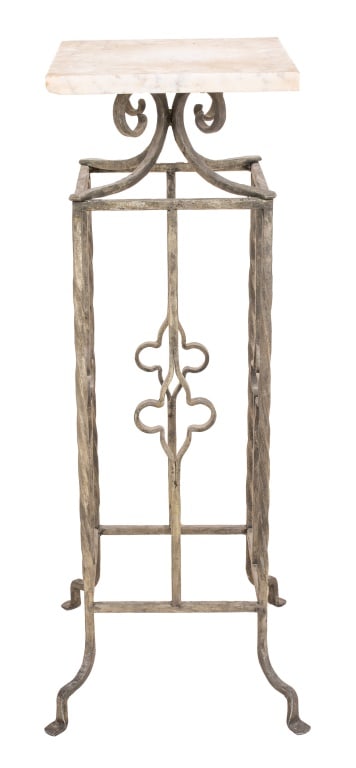Edgar Brandt Style Marble & Wrought Iron Pedestal: Edgar Brandt Style Marble Top Wrought Iron Pedestal. 36" H x 12" W x 12" D. Provenance: From a New York City Collection. Keywords: Vintage Furniture, Stone top, Plant stand, Jardiniere stand, Base, Ac