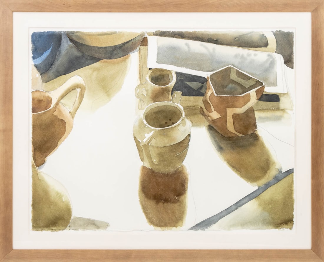 Contemporary Still Life with Pottery Watercolor: Contemporary School, Still Life Scene with Pottery Vessels, Watercolor on Wove Paper, unsigned, blindstamp lower left, wood frame. Image: 22.75" H x 30" W; frame: 30" H x 37" W x 0.75" D. Provenance: