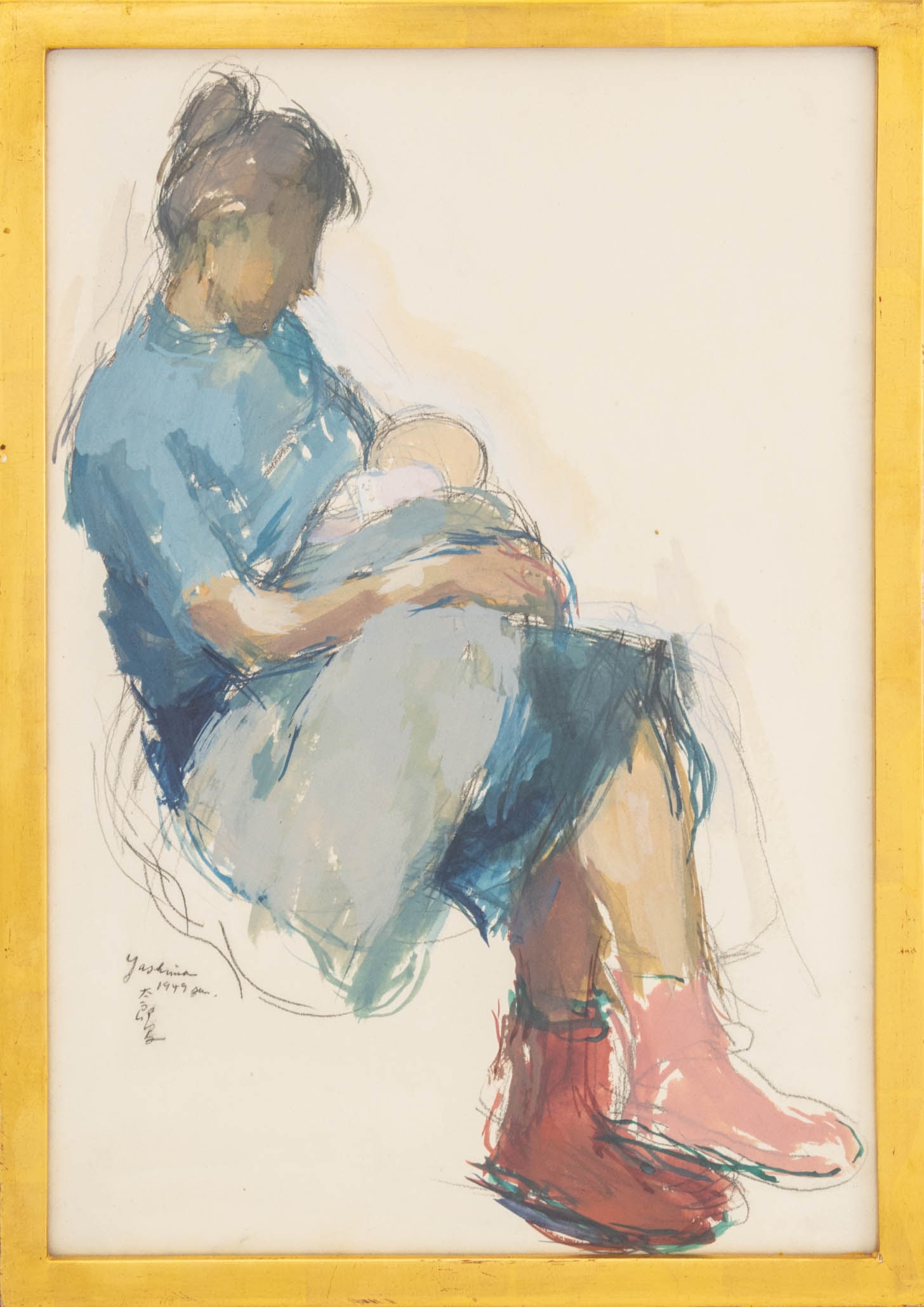 Taro Yashima Mother & Child Mixed Media, 1949: Taro Yashima (Japanese/American, 1908-1994), Portrait of Mother and Child, Mixed Media on Paper, 1949, signed in pencil in English and Japanese and dated lower left, giltwood frame. Image: 18.5" H x