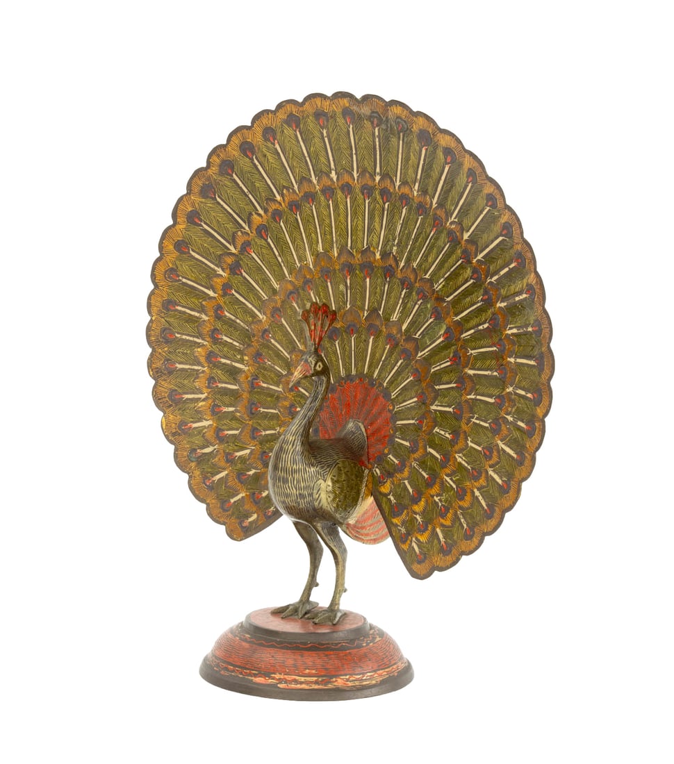 Anglo-Indian Peacock Polychromed Brass Sculpture (1 of 9)