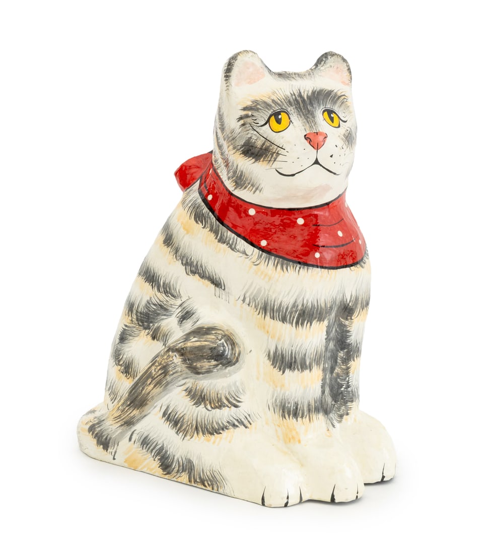Tabby Cat Papier Mache Sculpture: Tabby Cat Papier Mache Sculpture, hand-painted and wearing a red polka dot bandana. 14" H x 11" W x 7.25" D. Provenance: From a Connecticut Estate. Keywords: Felines, Pet portrait, Polychromed,