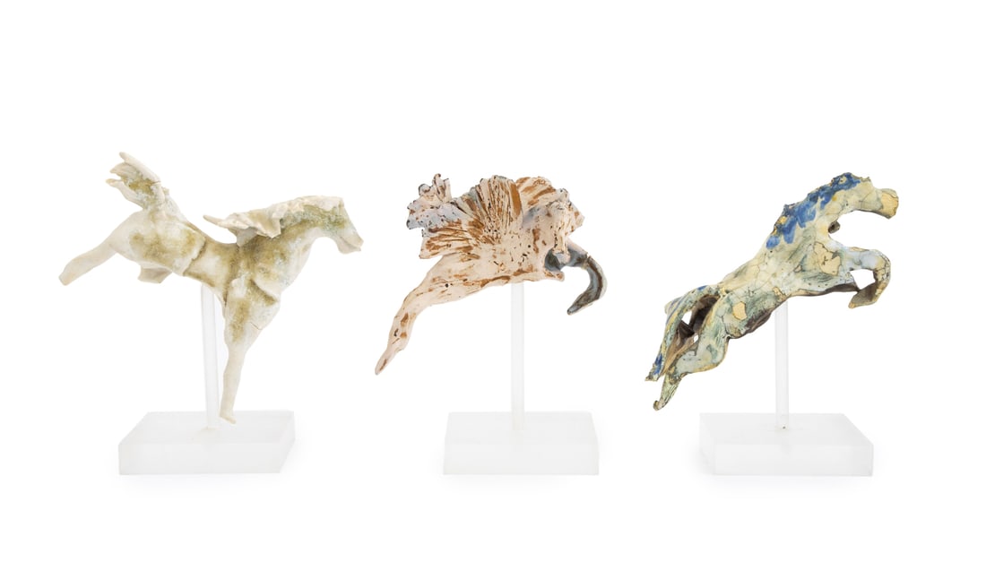 Brutalist Glazed Ceramic Horse Sculptures, 3: Group of Three Brutalist Polychrome Glazed Ceramic Horse Sculptures, signed "JJ" to the undersides, each mounted on acrylic base. Tallest overall: 8" H x 6.25" W x 3" D. Provenance: From an 880 Fifth