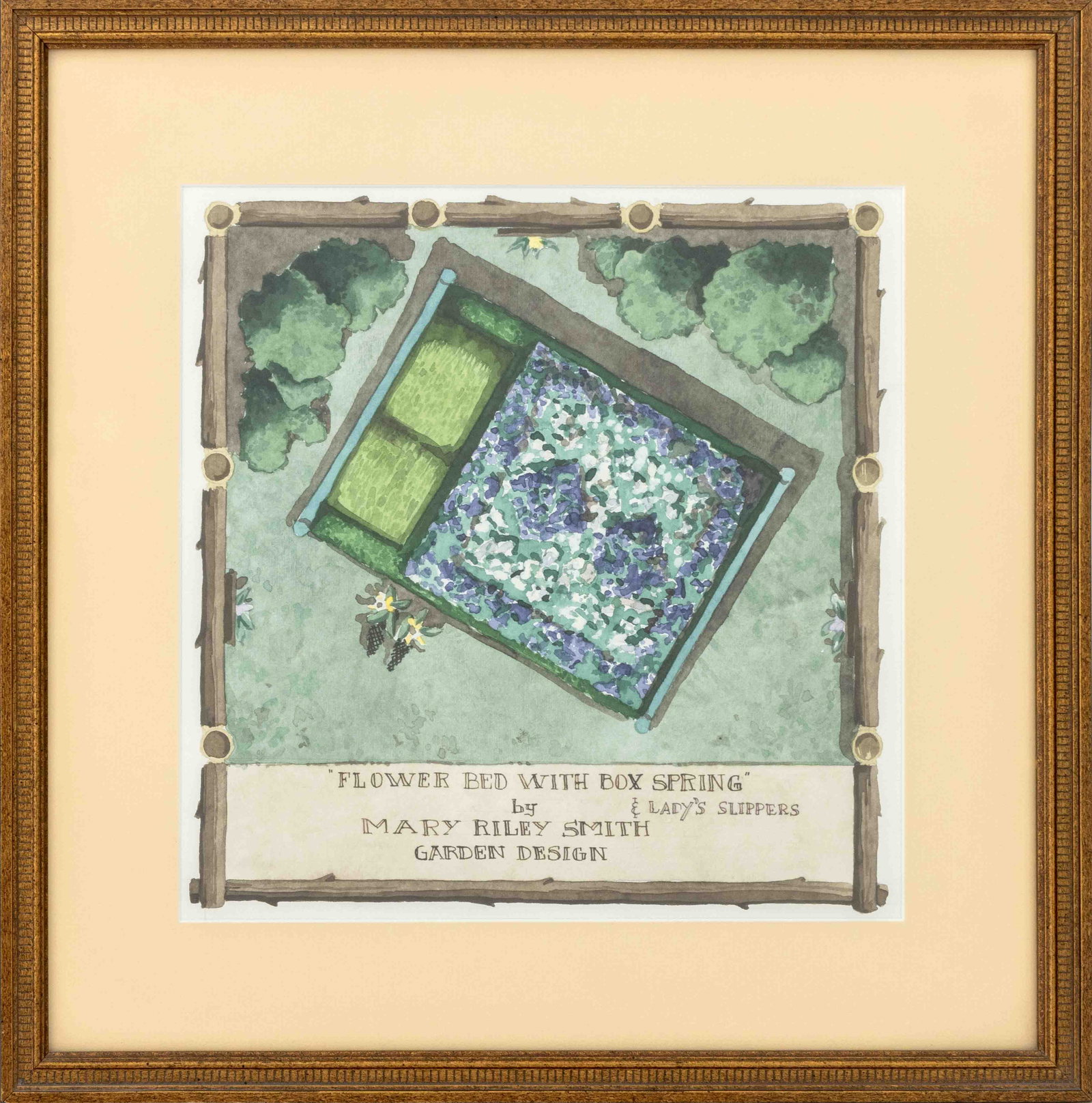 Mary Riley Smith "Flower Bed with Box Spring ...": Mary Riley Smith (American, XX-XXI), "Flower Bed with Box Spring and Lady's Slippers", Watercolor on Paper, titled and signed lower center, ebonized and giltwood frame. Image: 10" H x 10" W; frame: 15