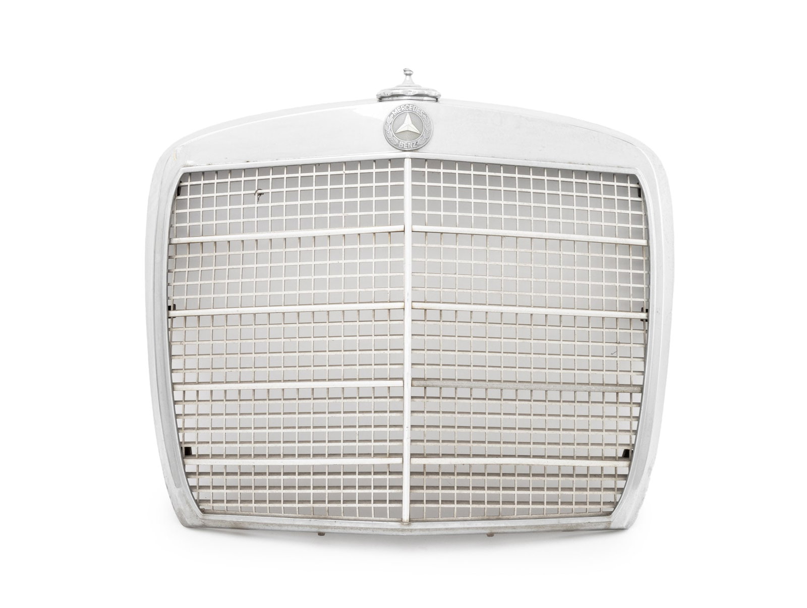 Mercedes Benz Chrome-Plated Grille, ca. 1965: Mercedes Benz Chrome-Plated Radiator Grille, circa 1965, probably from a W108, W109, or W111, with insignia upper center. 22.5" H x 25" W x 4" D. Provenance: From the Estate of Joseph Lawrence Gardell