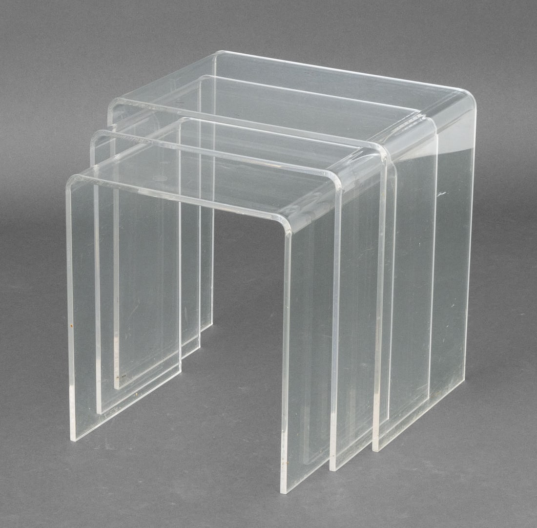 Modern Clear Acrylic "Waterfall" Nesting Tables, 3: Set of Three Modern Clear Acrylic Nesting "Waterfall" Tables. Largest: 18" H x 17.5" W x 11.75" D. Provenance: From a Central Park West Estate. Keywords: Vintage Furniture, Mid-Century Modern, MCM, Gr
