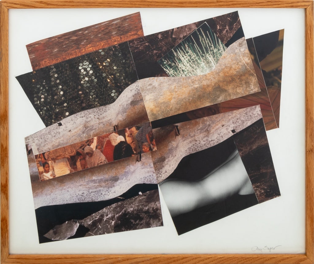 Anne Sager Abstract Photograph Collage: Anne Sager (American, 1930-2024), Abstract Composition, Photograph Collage, depicting a landscape scenes, nude figures, and industrial scenes, signed lower right, wood frame. Image: 18" H x 21.5" W; f