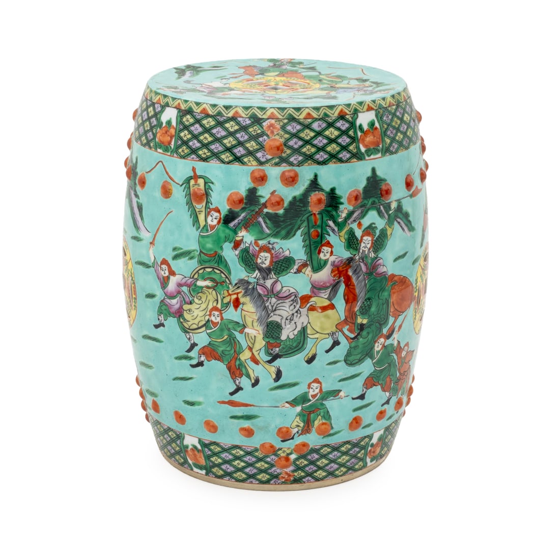 Chinese Famille Verte Porcelain Drum Stool: Chinese Famille Verte Porcelain Drum Stool, hand-enameled with warriors and horse riders on a turquoise blue ground. 14.25" H x 10.5" Diameter. Provenance: From a New York City Estate. Keywords: Asian