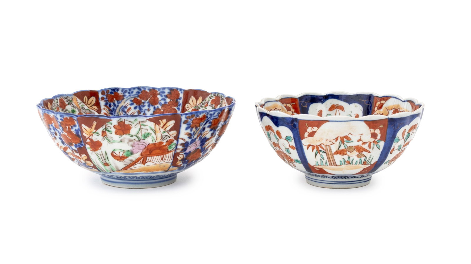 Japanese Imari Porcelain Bowls, 2: Two Japanese Imari Porcelain Bowls, each ribbed and hand-painted with bird and flower motifs. Larger: 3.75" H x 8.5" Diameter. Provenance: From a New York City Estate. Keywords: Asian Art, Japanese ce