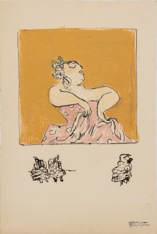 Manfred Schwartz Flamenco Dancer Mixed Media: Manfred Schwartz (American, born Poland, 1909-1970), Flamenco Dancer, Lithograph with Pastels on Paper, three dancing figures underneath, with the artist's signature stamped lower right, unframed. Ima