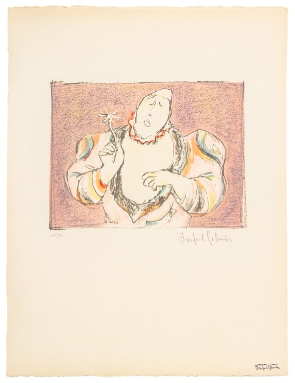 Manfred Schwartz Medrano Clown Lithograph: Manfred Schwartz (American, born Poland, 1909-1970), Medrano Clown with Flower, Lithograph in Colors on Paper, circa 1955, numbered edition "17/50" lower left, signed in pencil and with the artist's s