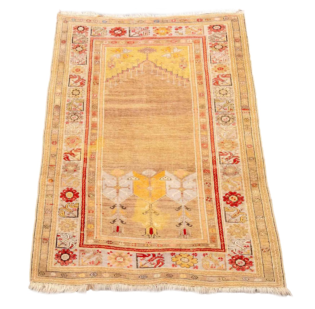 Turkish Oushak Rug, 5' 7" x 3' 8": Turkish Oushak Wool Rug, in beige with red floral motif. 5' 7" L x 3' 8" W. Provenance: From a Connecticut Estate. Keywords: Carpets, Textiles, Floor coverings, Area rugs, Interior design, Decorative