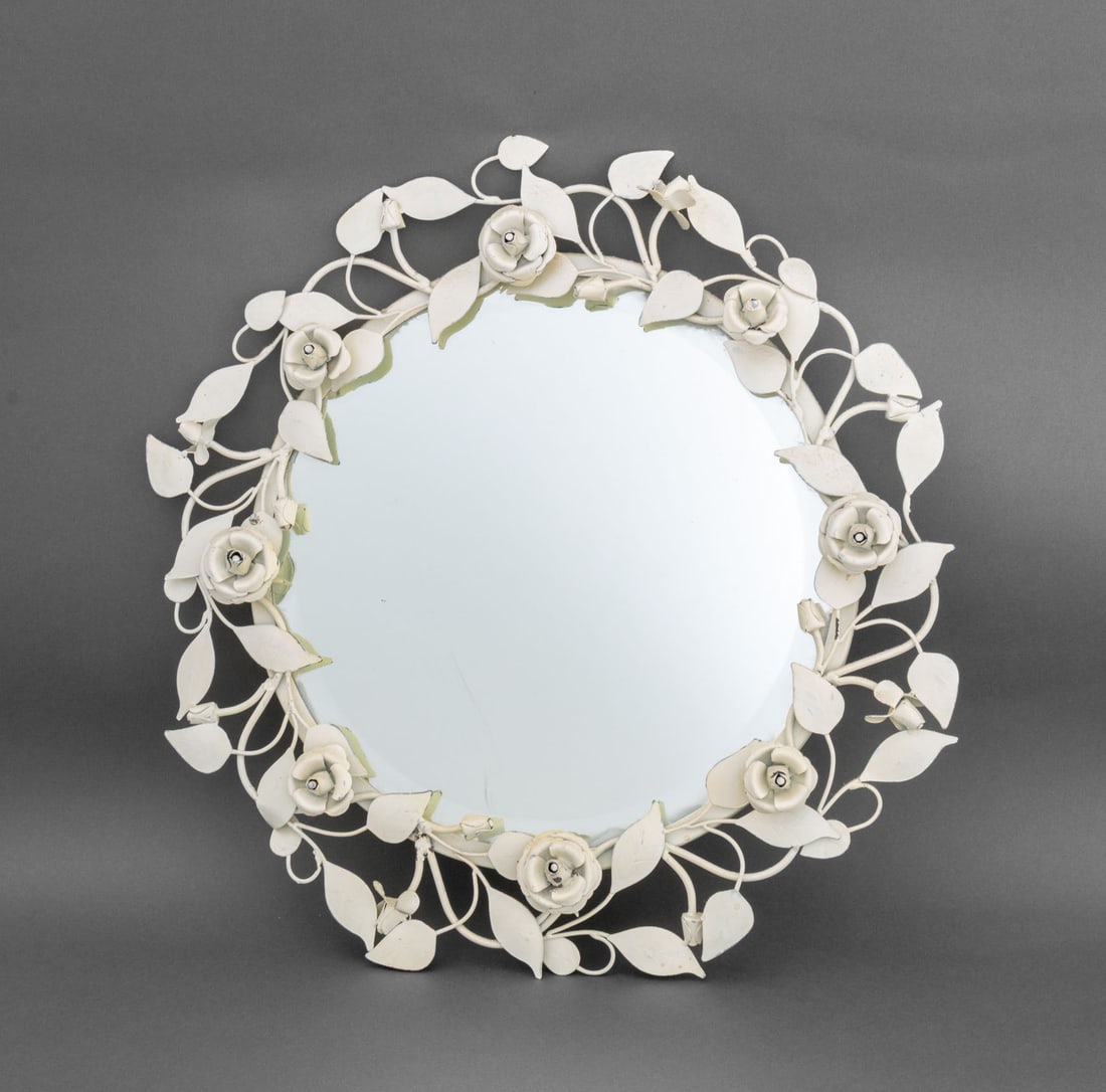 Rose Motif White Tole Peinte Circular Mirror (1 of 6)