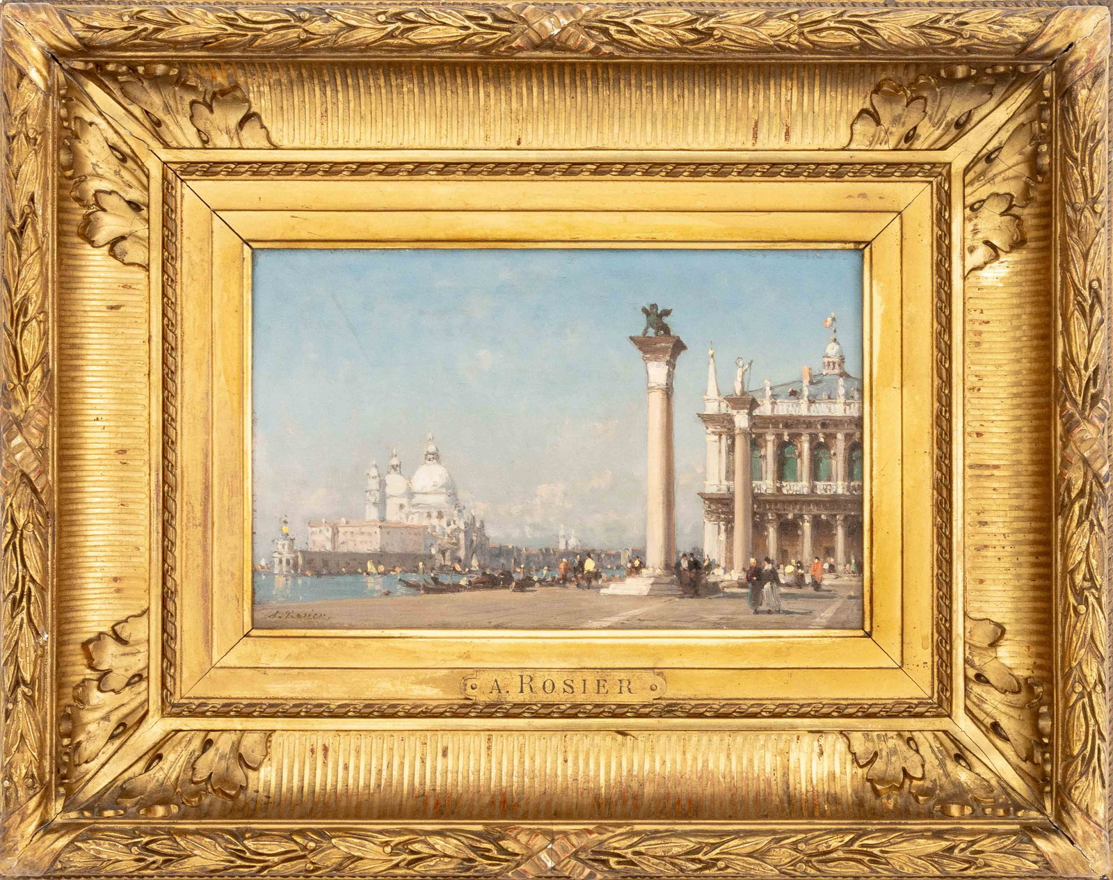 Amedee Rosier "A View of Venice" Oil on Board: Amedee Rosier (French, 1831-1898), "A View of Venice", Oil on Board, signed lower left, Fletcher Copenhaver Fine Art label verso, giltwood frame. Image: 5.5" H x 9" W; frame: 13" H x 16.5" W x 2.5" D.