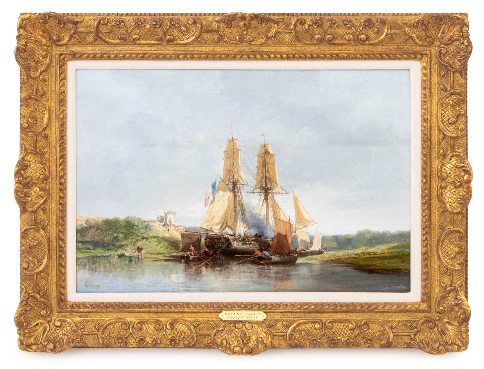 Eugene Gabriel Louis Isabey Loading the Ship Oil: Eugene Gabriel Louis Isabey (French, 1803-1886), Loading the Ship Scene, Oil on Panel, 19th century, signed lower left, giltwood frame. Image: 14" H x 21.5" W; frame: 21.5" H x 28.75" W x 2.5" D. Prov