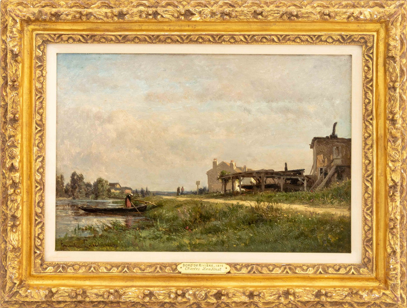 Emile Charles Lambinet "Bord de Riviere" Oil, 1875: Emile Charles Lambinet (French, 1815-1877), "Bord de Riviere" [Bank of the River], Oil on Panel, 1875, signed lower left, Galerie Bernard Des Roches, Johnson Art Galleries, Arie van Harwegen den Breem