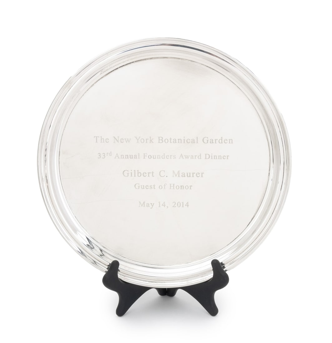 Tiffany & Co. Makers Sterling Commemorative Tray: Tiffany and Company Makers Sterling Silver Commemorative Tray, engraved "The New York Botanical Garden / 33rd Annual founders Award Dinner / Gilbert C. Mauerer/ Guest of Honor /May 14 , 2014" and mark