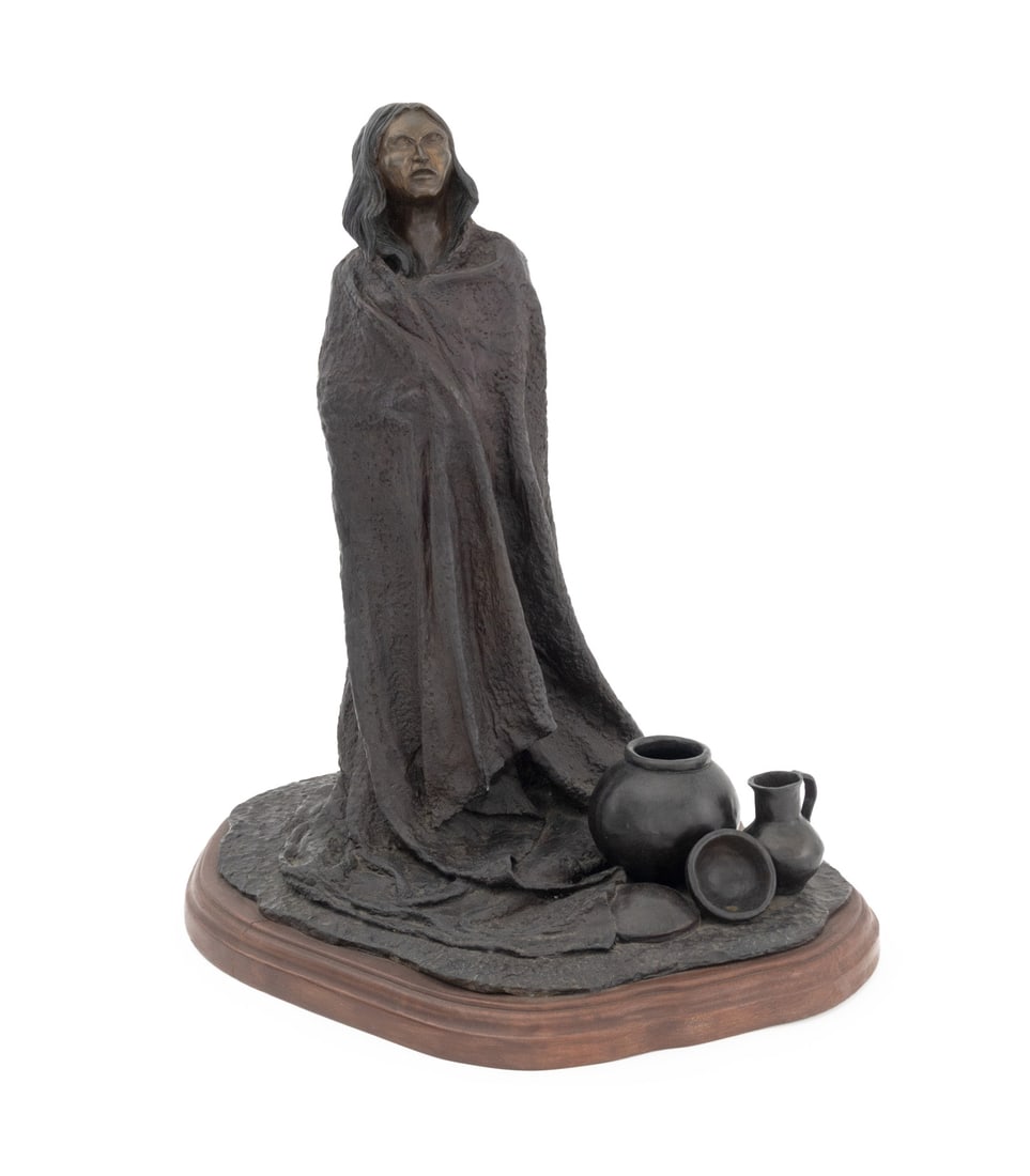 C.D. Bond "Potter's Daughter" Bronze, 1981: C. D. Bond (American, XX) "Potter's Daughter" Patinated Bronze Sculpture, 1981, signed "CD", titled, dated, and numbered edition "2/15" to base, atop a wooden plinth. Overall: 24.5" H x 21" W x 16.5"