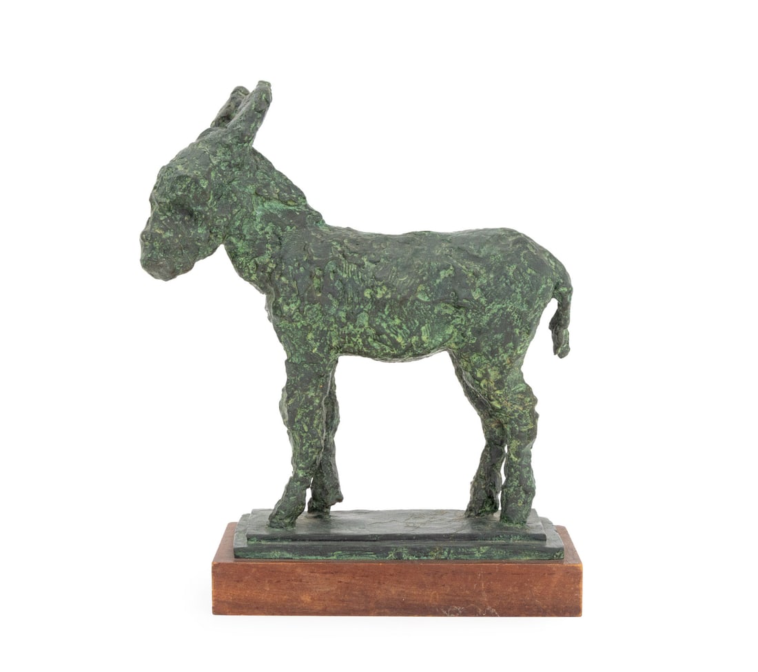 Renee Sintenis Style "Esel" Patinated Bronze: Renee Sintenis Style "Esel" [Donkey] Verdigris Patinated Bronze, apparently unsigned, mounted atop a wood plinth. Overall: 17.5" H x 15.25" W x 5.5" D. Provenance: The Estate of Alton G. Marshall,