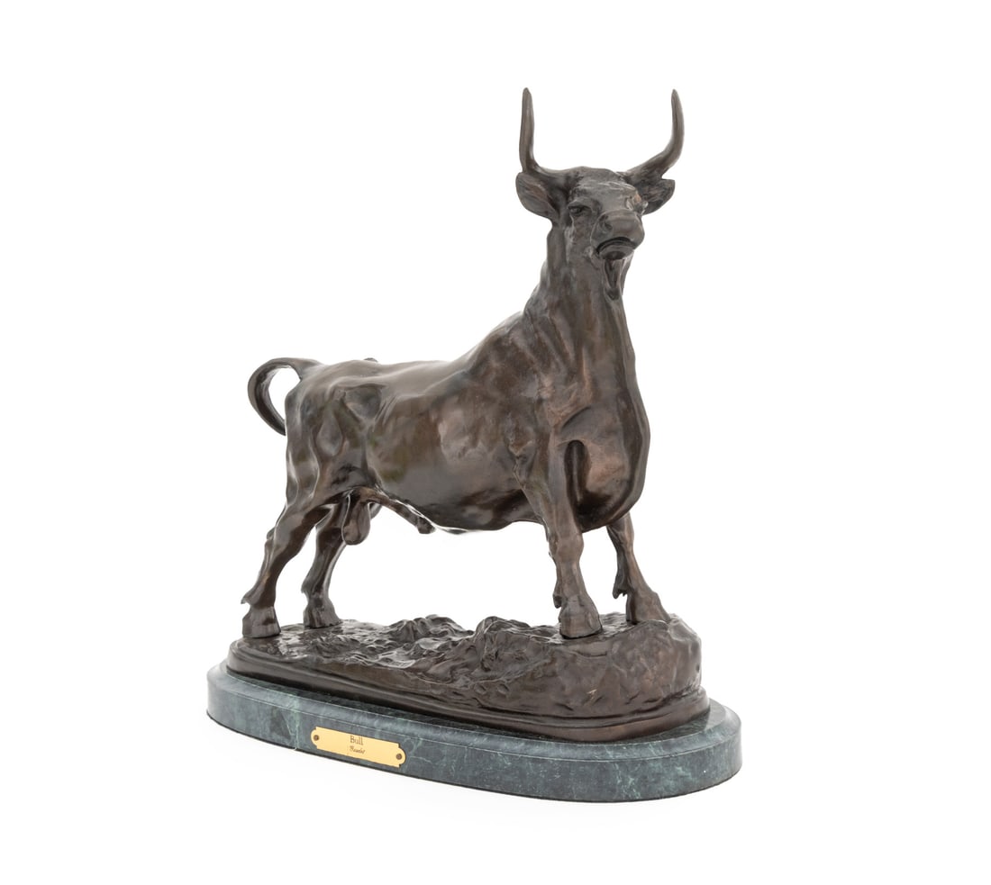 After Georges Gardet "Bull" Bronze Sculpture: After Georges Gardet (French, 1863-1939) "Bull" Patinated Bronze Sculpture, marked "Gaudet" to base, with metal tag "Bull / Gaudet", mounted on green marble plinth. Overall: 15.25" H x 14.5" W x 6.5"
