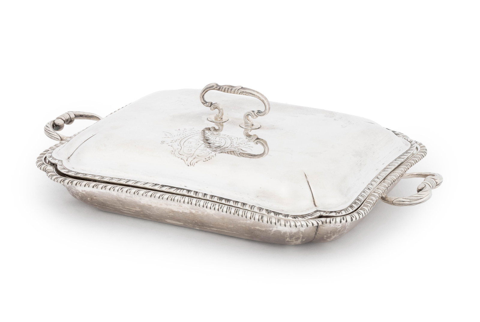 George III Sterling Covered Warming Plate, 1764: George III Sterling Silver Covered Warming Plate, struck with marks for John Harvey I, London, 1764, the lid with armorial crest and top handle, the body with gadrooned rim and two handles, marked to