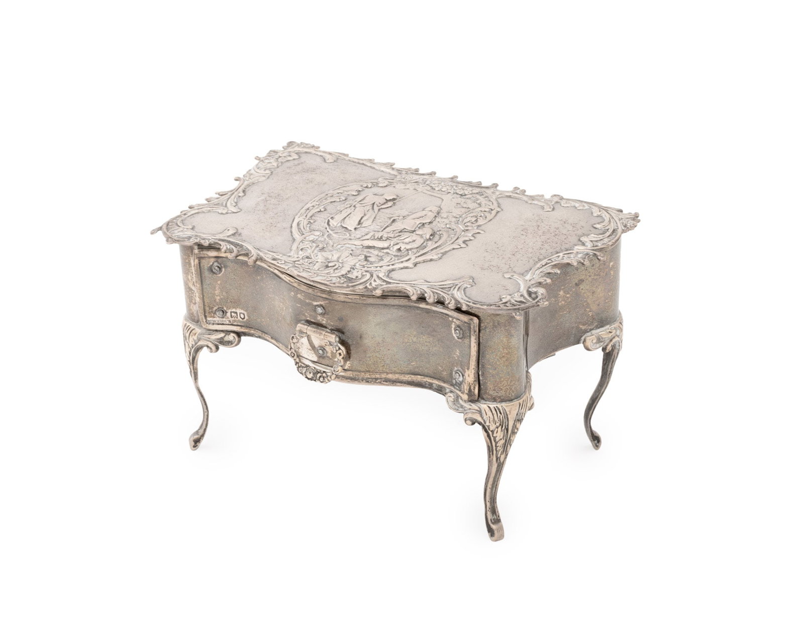 Edwardian Sterling Silver Miniature Bureau Plat: Edwardian Sterling Silver Miniature Bureau Plat, struck with marks for William Comyns, London, 1902, with repousse courting scene medallion and floral trim, with wood lined drawer and underside. Weigh