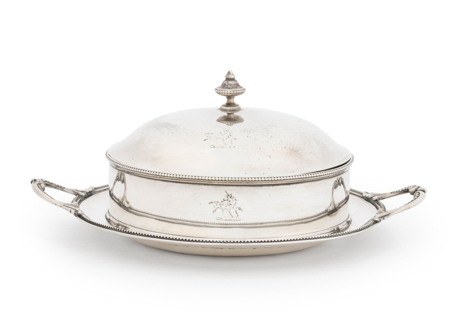 Victorian Sterling Silver Serving Dish, 1877: Victorian Sterling Silver Covered Serving Dish, struck with marks for James Barclay Hennell, London, 1877, with two scroll form handles, marked to underside of lid and side of body. Weight: 15.00