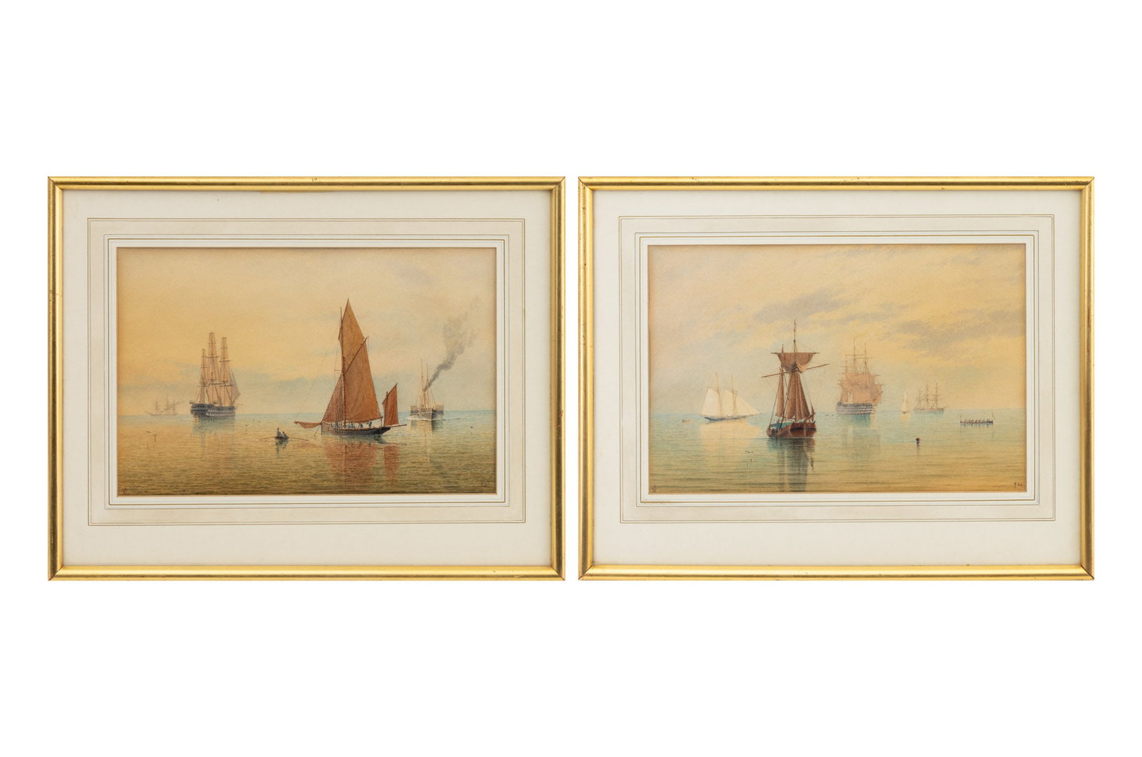 Signed Harbor Scenes Watercolor on Paper, Pair: Pair of Harbor Scenes, Watercolor on Paper, late 19th century, monogrammed "FWS" lower left, giltwood frames. Each approx: 8.5" H x 13.25" W; frame: 14.25" H x 18.25" W x 0.5" D. Provenance: The Estat