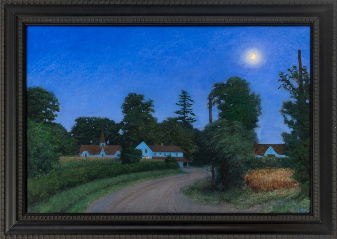 Joseph Keiffer "Moonrise, Early Summer" Acrylic: Joseph Keiffer (American, b. 1952), "Moonrise, Early Summer", Acrylic on Canvas, 1998, signed lower right, signed and dated verso, black frame. Image: 15.5" H x 23.5" W; frame: 20" H x 28" W x 0.75" D