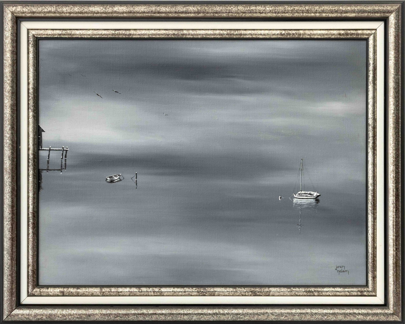 Joan Nelson On the Bay Oil on Canvas: Joan Nelson (American, b. 1958), On the Bay, Oil on Canvas, signed lower right, silvered wood frame. Image: 18" H x 23.75" W; frame: 23.5" H x 29.25" W x 2" D. Provenance: The Estate of Gilbert C. Mau