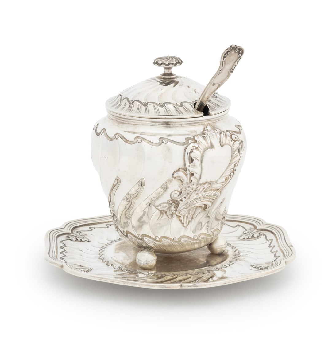 Maison Odiot Sterling Silver Covered Pot: Maison Odiot Sterling Silver Covered Pot, with blue glass liner and gold washed interior, ribbed body and three ball feet mounted on underplate, struck with Minerva hallmark and "Odiot / A Paris /