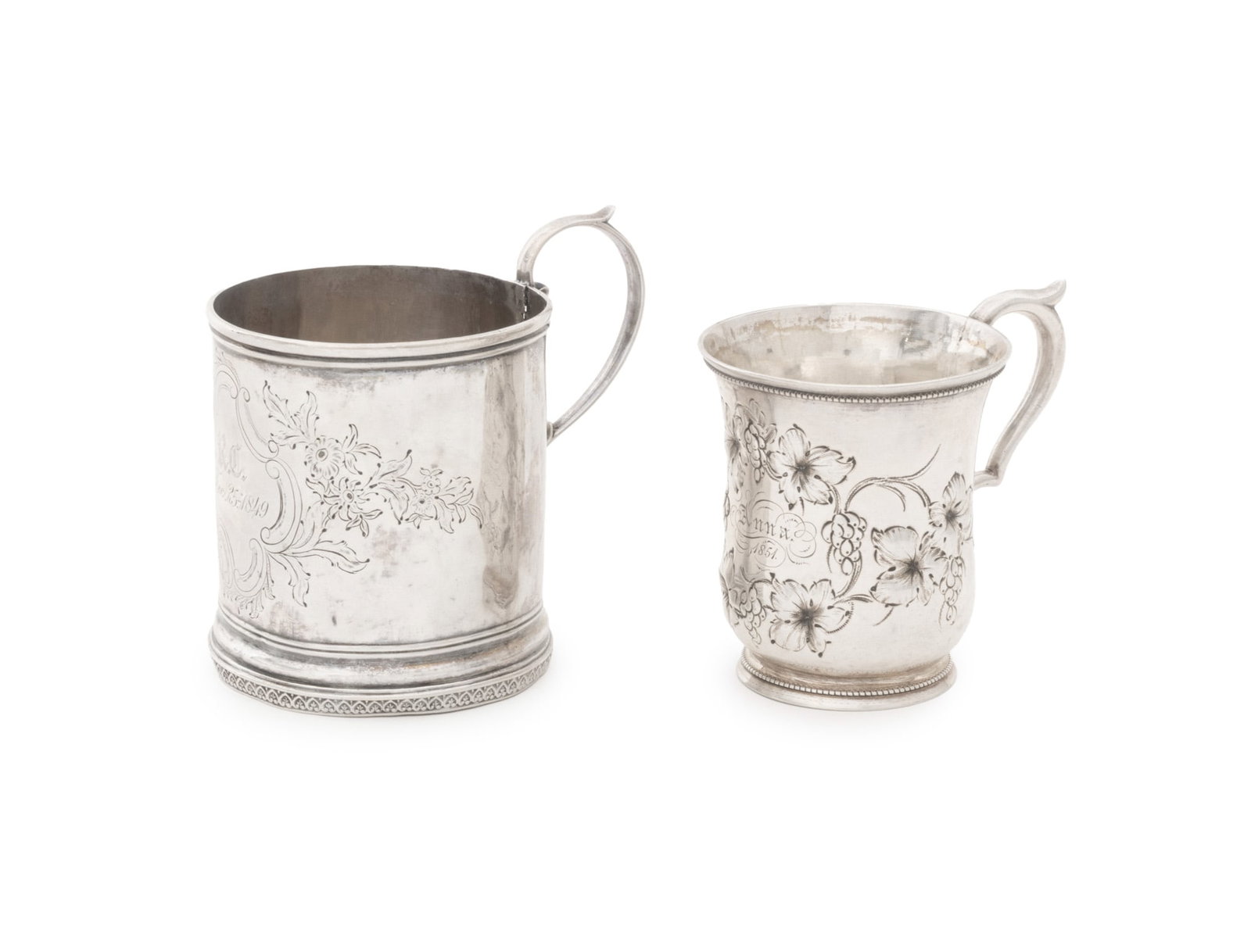 J&W Moir, Etc. American Silver Cups, 2: Two American Silver Cups, 19th century, comprising: Ball, Tompkins, & Black with floral incised motif, engraved "R.C. / Dec. 25 1849" and marked to underside, and J&W Moir with floral repousse