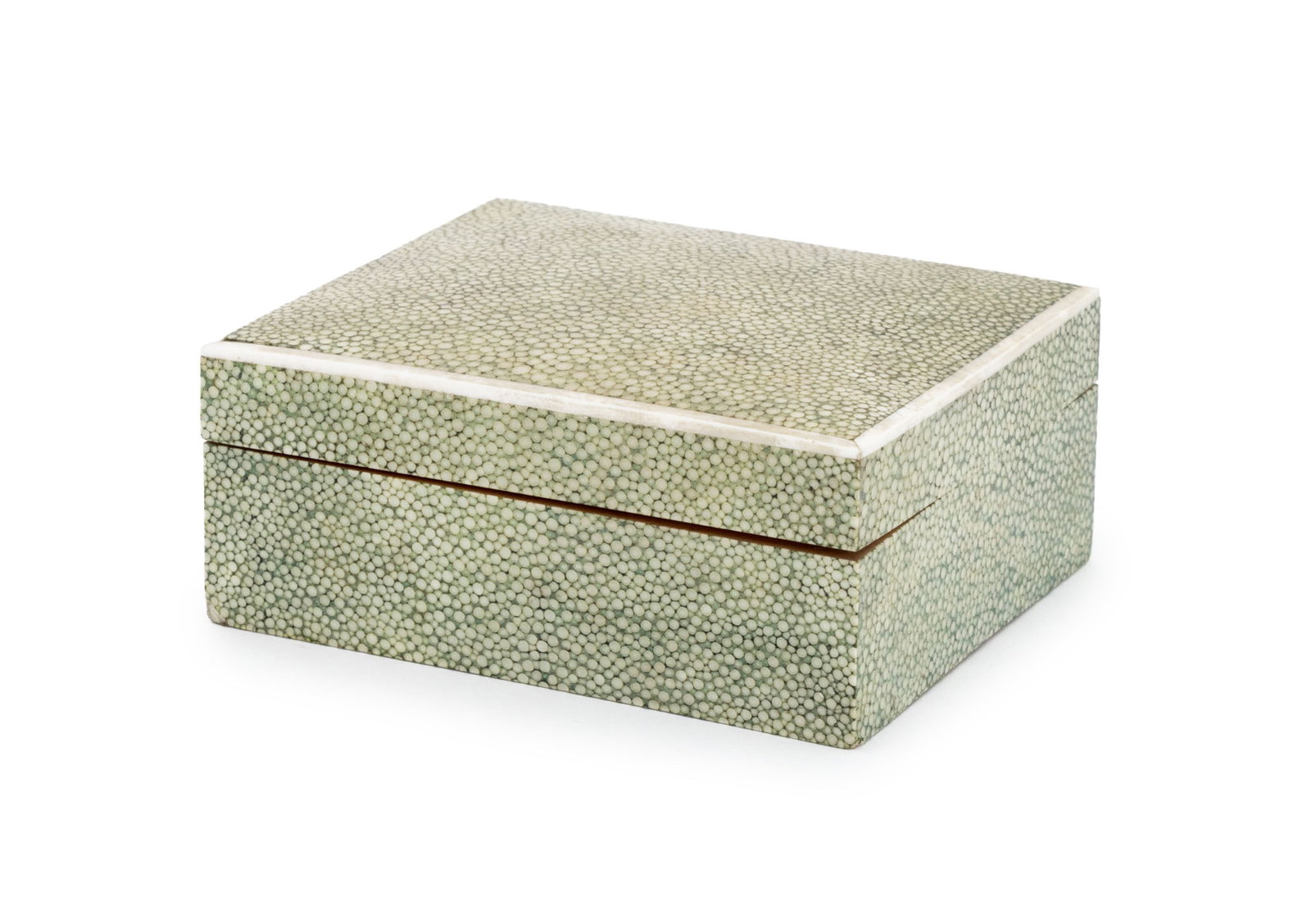 English Shagreen Covered Box: English Shagreen Covered Cigarette Box, 20th century, with wood-lined interior, bone trim, and marked "Made in England" to underside. 2" H x 4.5" W x 3.75" D. Provenance: The Estate of Gilbert C. Maur