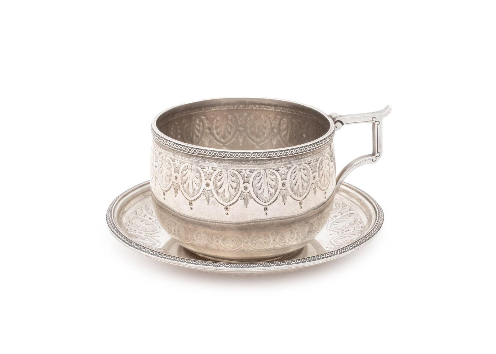 Gorham Sterling Silver Teacup and Saucer, 19th C.: Gorham Sterling Silver Teacup and Saucer, 19th century, with acanthus leaf design, the saucer monogrammed "M" marked to underside. Weight: 8.44 ozt.; 2.5" H x 5.25" Diameter. Provenance: The Estate of