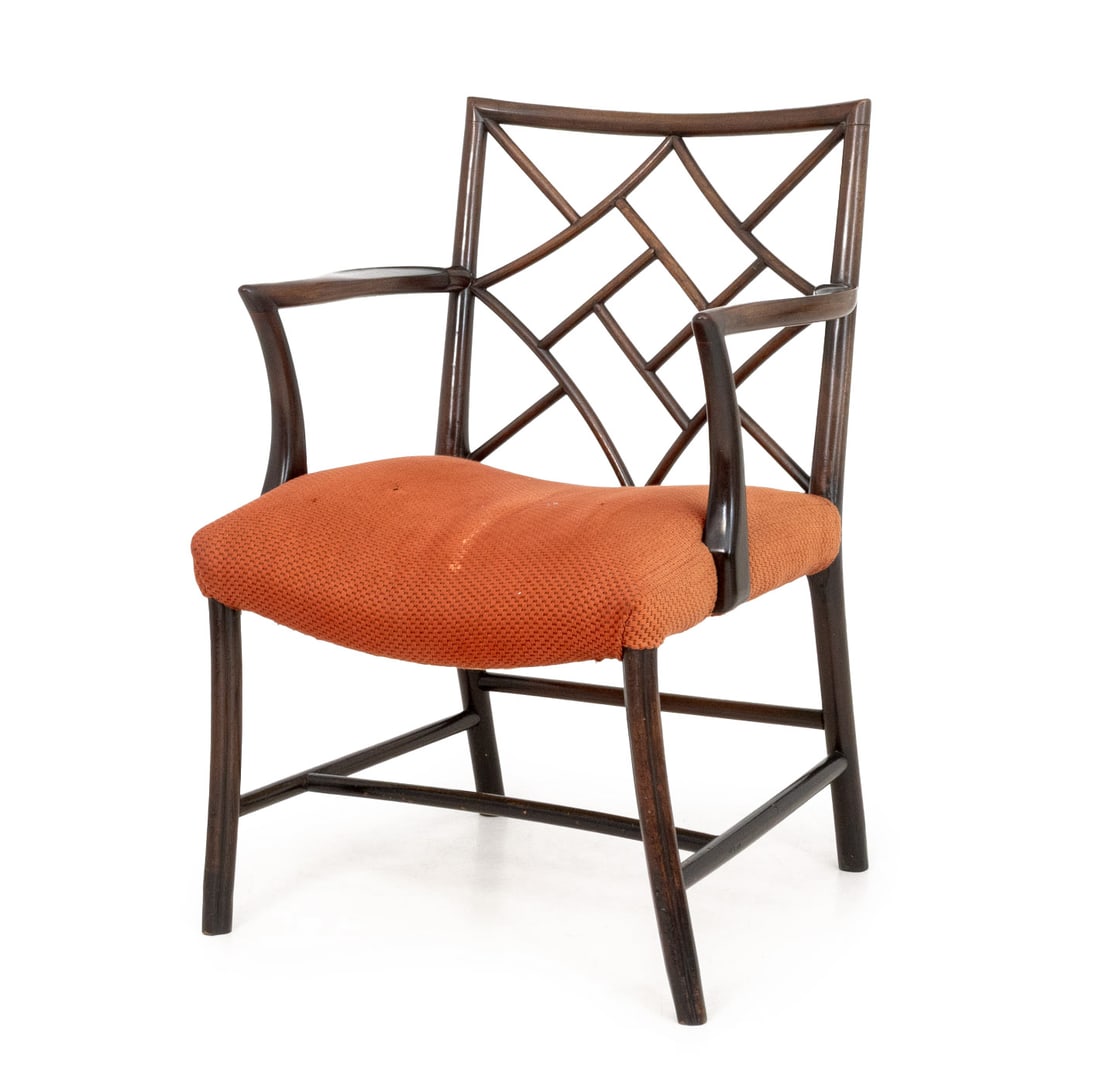 George III Mahogany Cockpen Armchair: George III Mahogany Cockpen Arm Chair, with geometric back splat and red upholstered seat. 34" H x 21.5" W x 22" D; seat: 17" H. Provenance: The Estate of Gilbert C. Maurer, Director and Former COO of