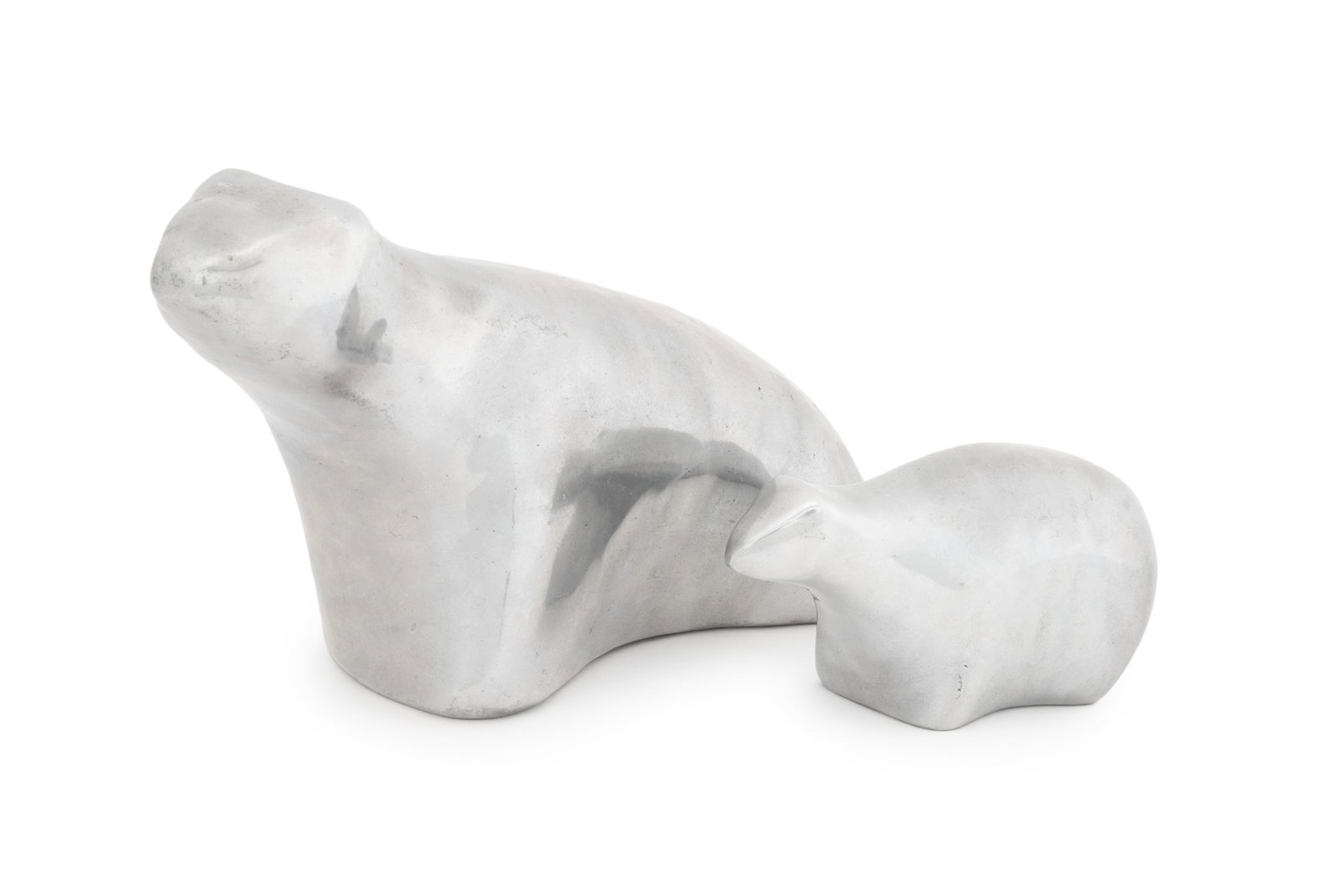 Hoselton Modernist Aluminum Bear Sculptures, 2: Hoselton Modernist Aluminum Bear Sculptures, each marked "Hoselton / Canada" underside, the larger marked "401", the smaller "1702" underside. Larger: 5" H x 9" W x 4" D. Provenance: The Estate of Alt