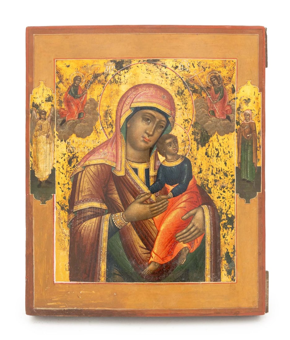 Russian Orthodox Madonna and Child Icon, 19th C.: Russian Orthodox Madonna and Child Icon, Tempera and Gold Leaf on Panel, late 19th century, unframed. 12.25" H x 10.25" W x 1.5" D. Provenance: From the Estate of Joseph Lawrence Gardella. Keywords: P