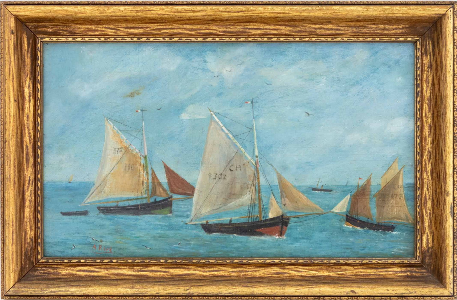 French Naive Nautical Scene Oil on Panel, 19th C.: French Naive School, Nautical Scene with Sailing Boats, Oil on Wood Panel, 19th century, signed "A. Rive" lower left, giltwood frame. Image: 7.5" H x 13" W; frame: 10.5" H x 16" W x 1.25" D. Provenanc