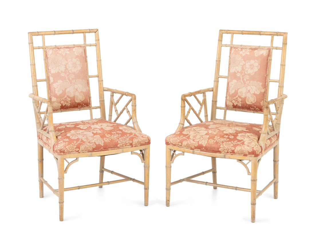 Bamboo Motif Silk Upholstered Armchairs, Pair (1 of 6)