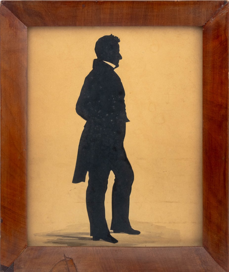 American Portrait of a Gentleman Silhouette: American School, Portrait of a Standing Gentleman, Cut-Out Silhouette and Watercolor on Paper, wood frame. Image: 10" H x 8" W; frame: 12.5" H x 10.5" W. Provenance: The Estate of Alton G. Marshall, f