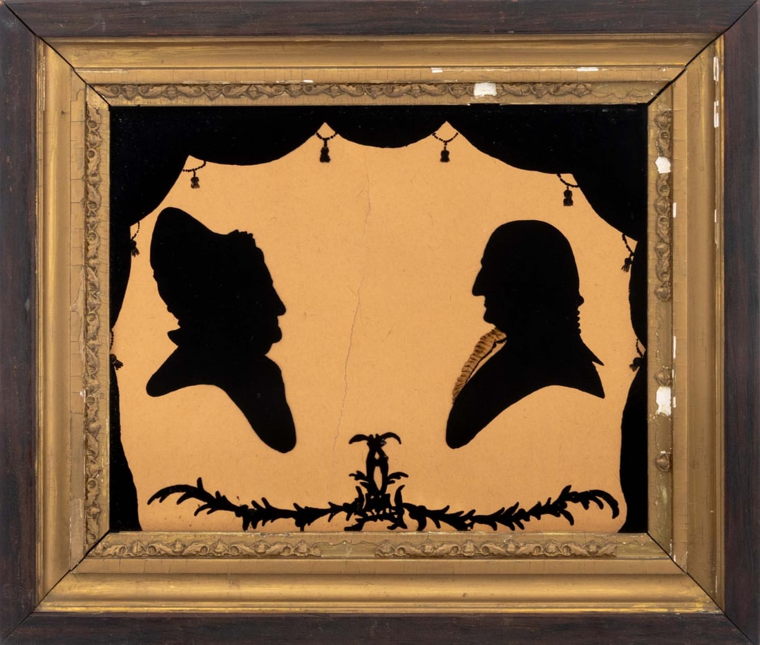George and Martha Reverse Painted Silhouettes: American School, George Washington and Martha Washington, Reverse Painted Glass Silhouettes, with curtain and tassel background, unsigned, giltwood frame. Image: 7.5" H x 9.5" W; frame: 11.5" H x 13.5