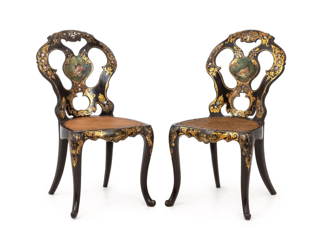 Victorian Shell Inlaid Papier Mache Chairs, Pair (1 of 15)