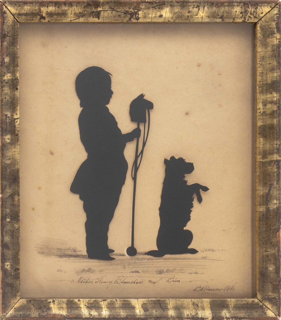 American Portrait of Henry & Bien Silhouette, 1840: American School, Portrait of Master Henry Blanchard and Bien, Cut-Out Silhouette, 1840, titled lower center, dated and inscribed "Baltimore" lower right, giltwood frame. Image: 6.5" H x 5.5" W; frame: