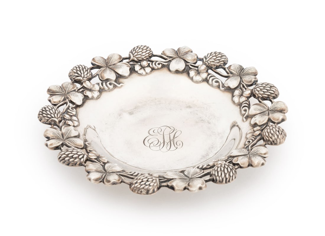 William Wise & Son Sterling Silver Dish: William Wise and Son Sterling Silver Dish, with for leaf clover motif rim, monogrammed "EJH" to center, marked to underside. Weight: 3.04 ozt.; 5.25" Diameter. Provenance: The Estate of Alton G. Marsh