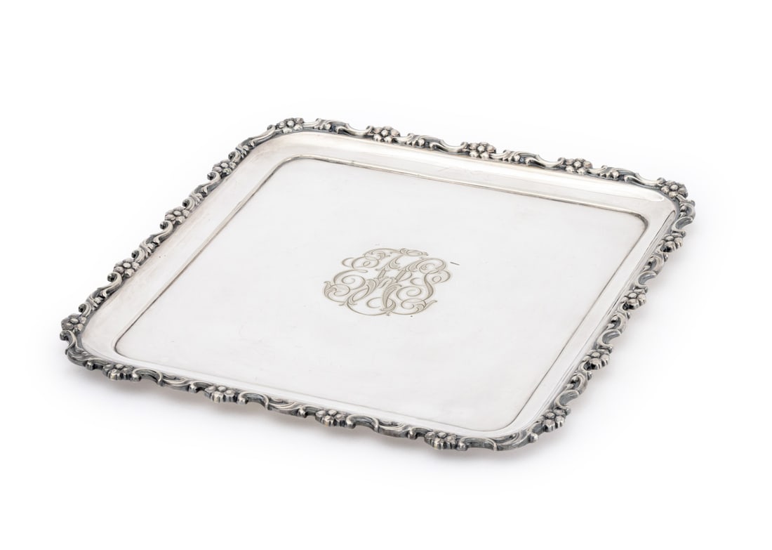 Tiffany & Co. Makers Silver Plate Square Tray: Tiffany and Company Makers Silver Plate Square Tray, with floral rim, monogrammed "EHS", marked "Tiffany & Co. / 10975 Makers 51 / Silver Soldered - E.F. / 9 IN / R" to underside. 9" L x 9" W. Provena