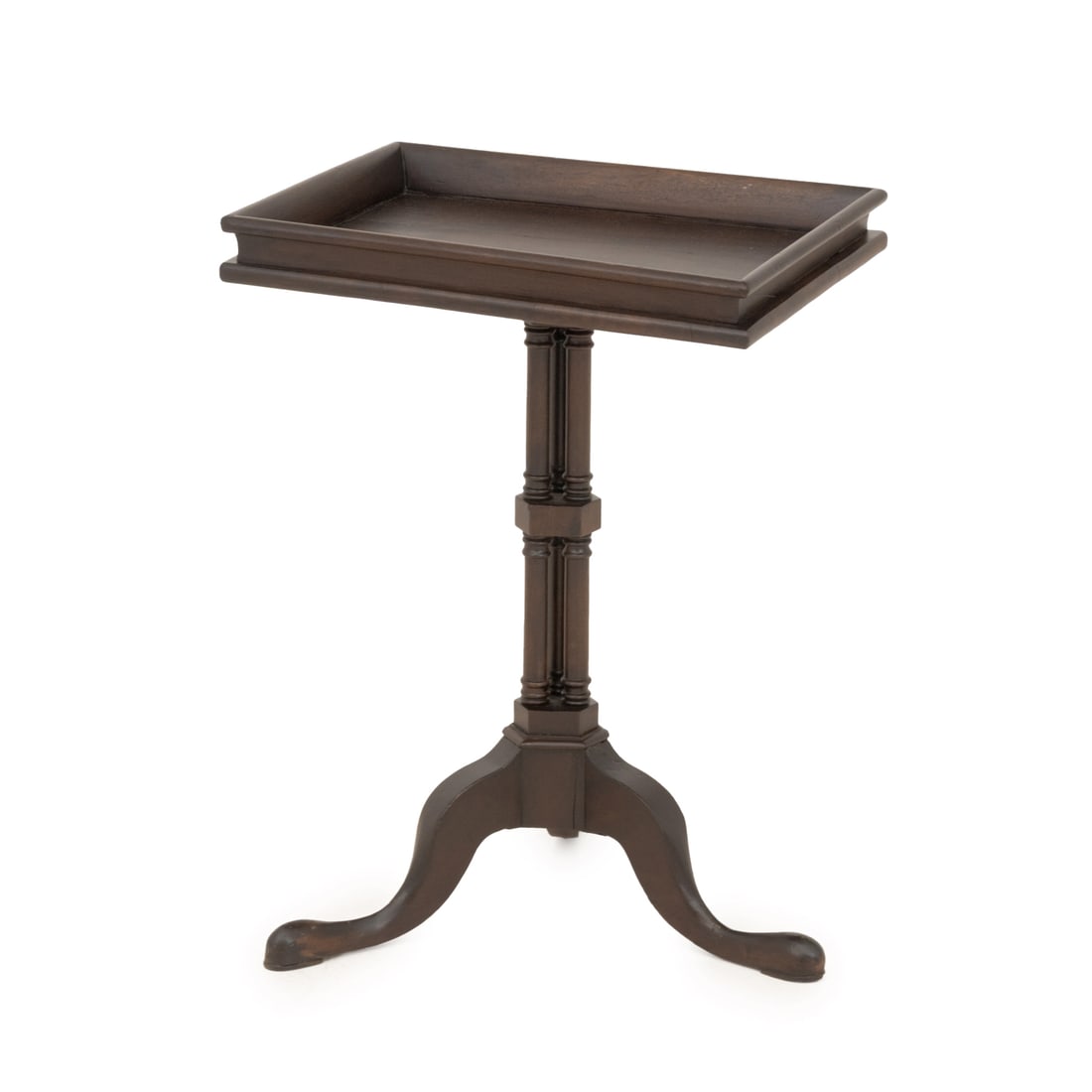 Edwardian Mahogany Stained Side Table: Edwardian Mahogany Stained Side Table, the stem a cluster of three columns above three cabriole legs. 23" H x 18" W x 18" D. Provenance: The Estate of Gilbert C. Maurer, Director and Former COO of Hea