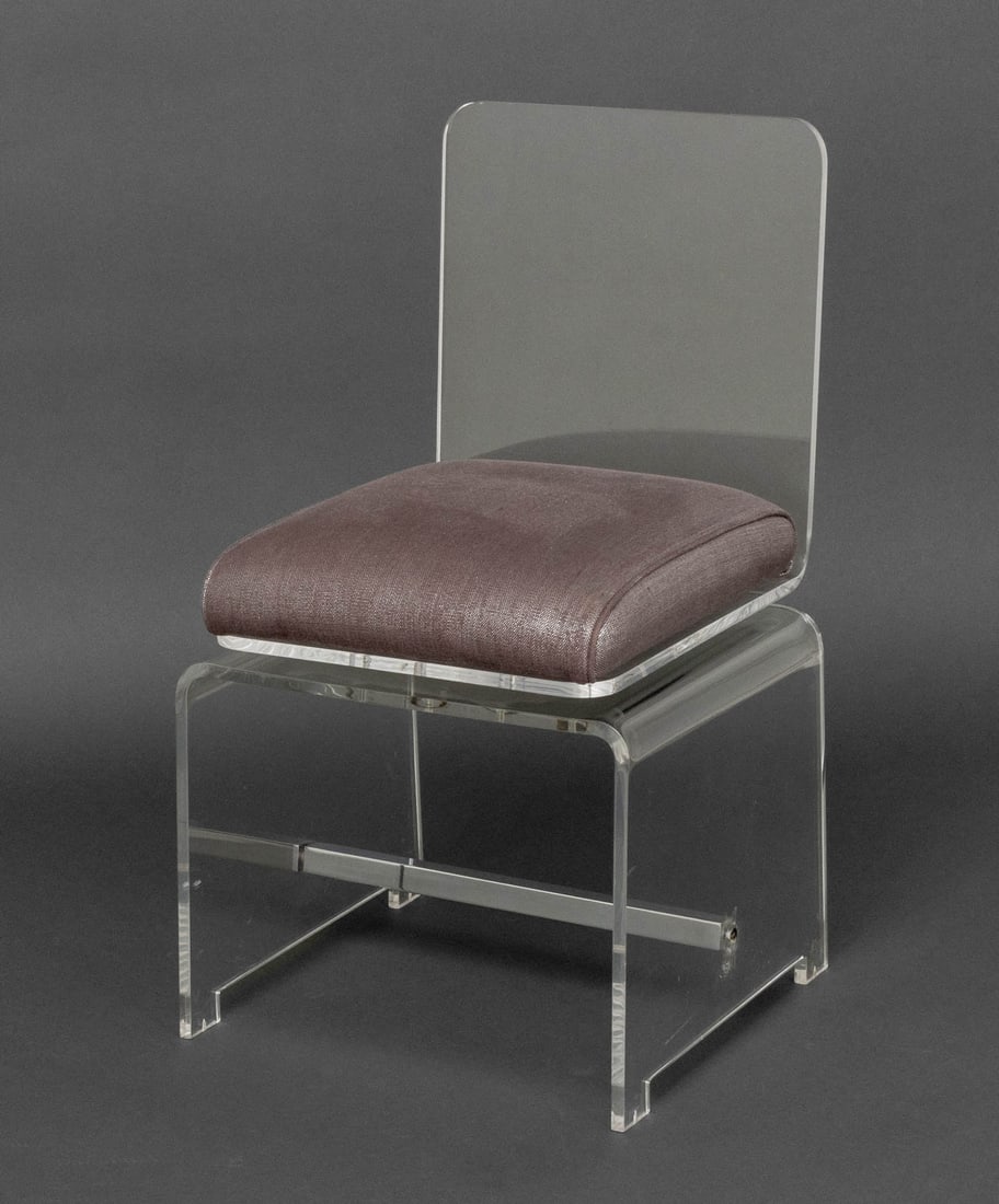 Modern Clear Acrylic Swivel Side Chair: Modern Clear Acrylic Swivel Side Chair, with purple iridescent upholstered cushion on waterfall base. 30" H x 17" W x 16" D; seat: 17.75" H. Provenance: From a One Central Park West Estate. Keywords: