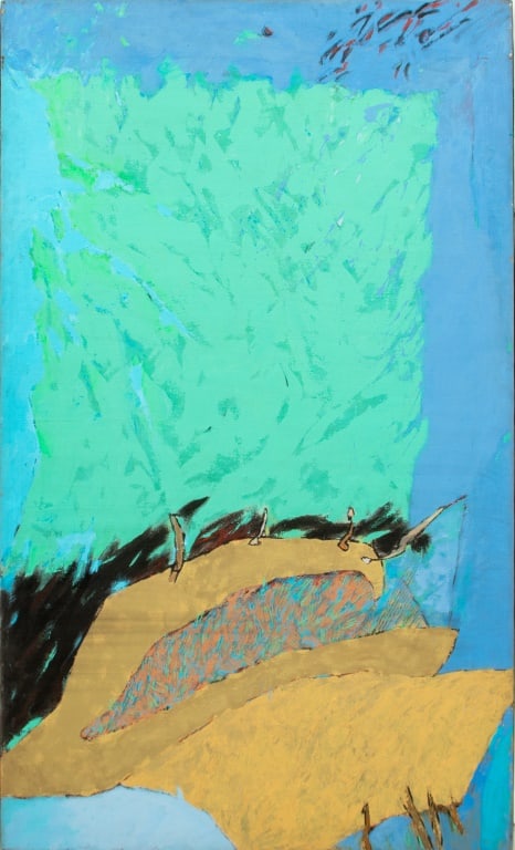 Paula Holland "Energy Field Generator", 1980: Paula Holland (American, XX-XXI), "Energy Field Generator", Acrylic on Canvas, 1980, signed and dated verso with paper label, unframed. 60" H x 36.25" W. Provenance: From the Allen Tucker Memorial Col