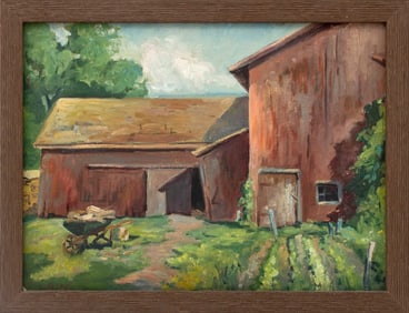 Pauline Law Red Barn Landscape Scene Oil on Panel